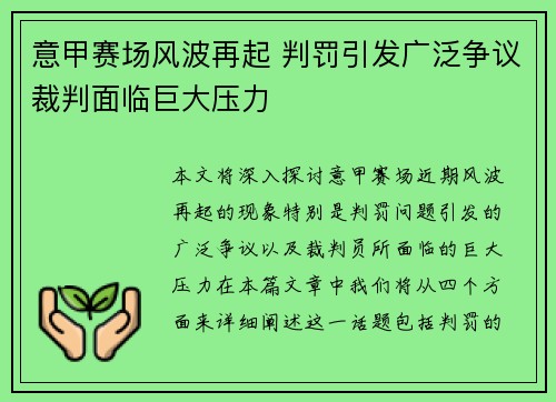 意甲赛场风波再起 判罚引发广泛争议裁判面临巨大压力