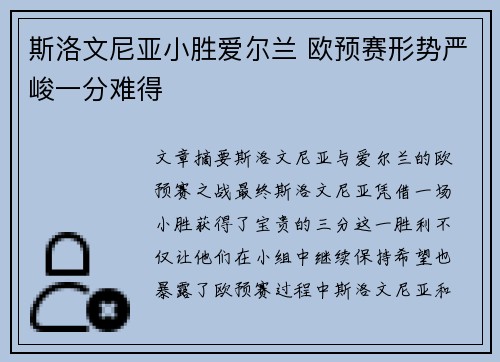 斯洛文尼亚小胜爱尔兰 欧预赛形势严峻一分难得
