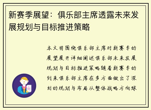 新赛季展望：俱乐部主席透露未来发展规划与目标推进策略