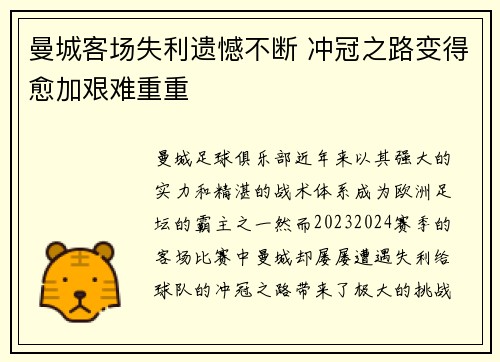 曼城客场失利遗憾不断 冲冠之路变得愈加艰难重重